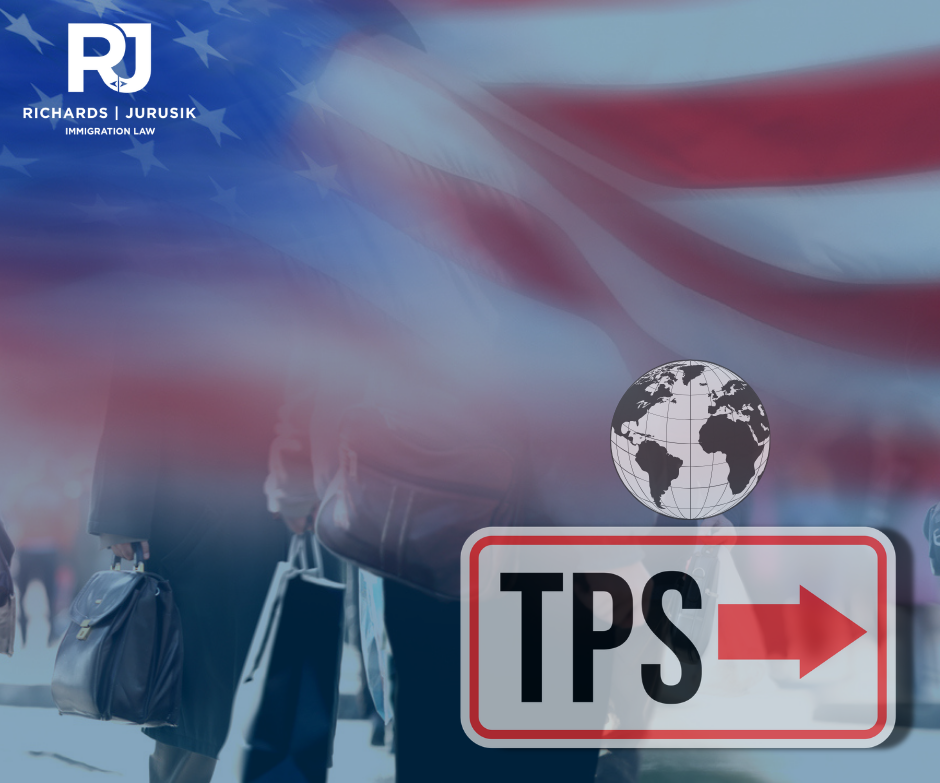 Logo for Richards Jurusik Immigration Law with a waving American flag background; foreground shows a globe and a TPS sign with a red right arrow.