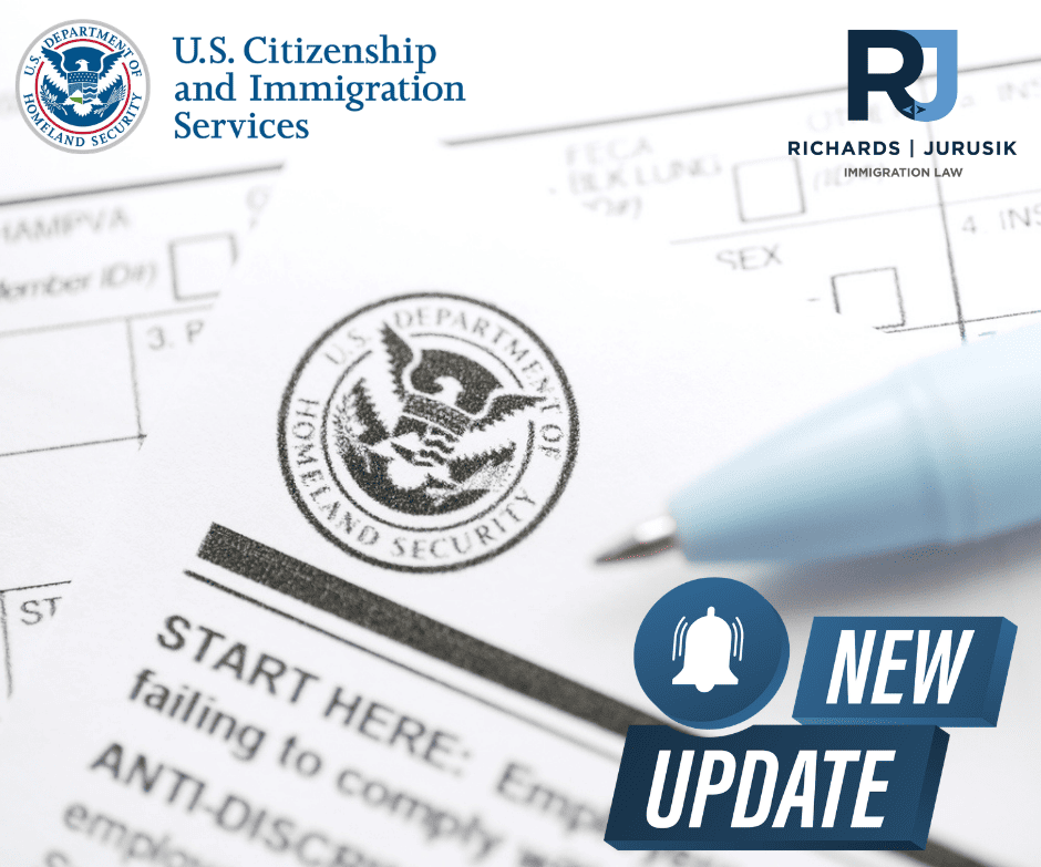 USCIS seal and logos on a form with a pen and a prominent "NEW UPDATE" badge from an immigration law firm