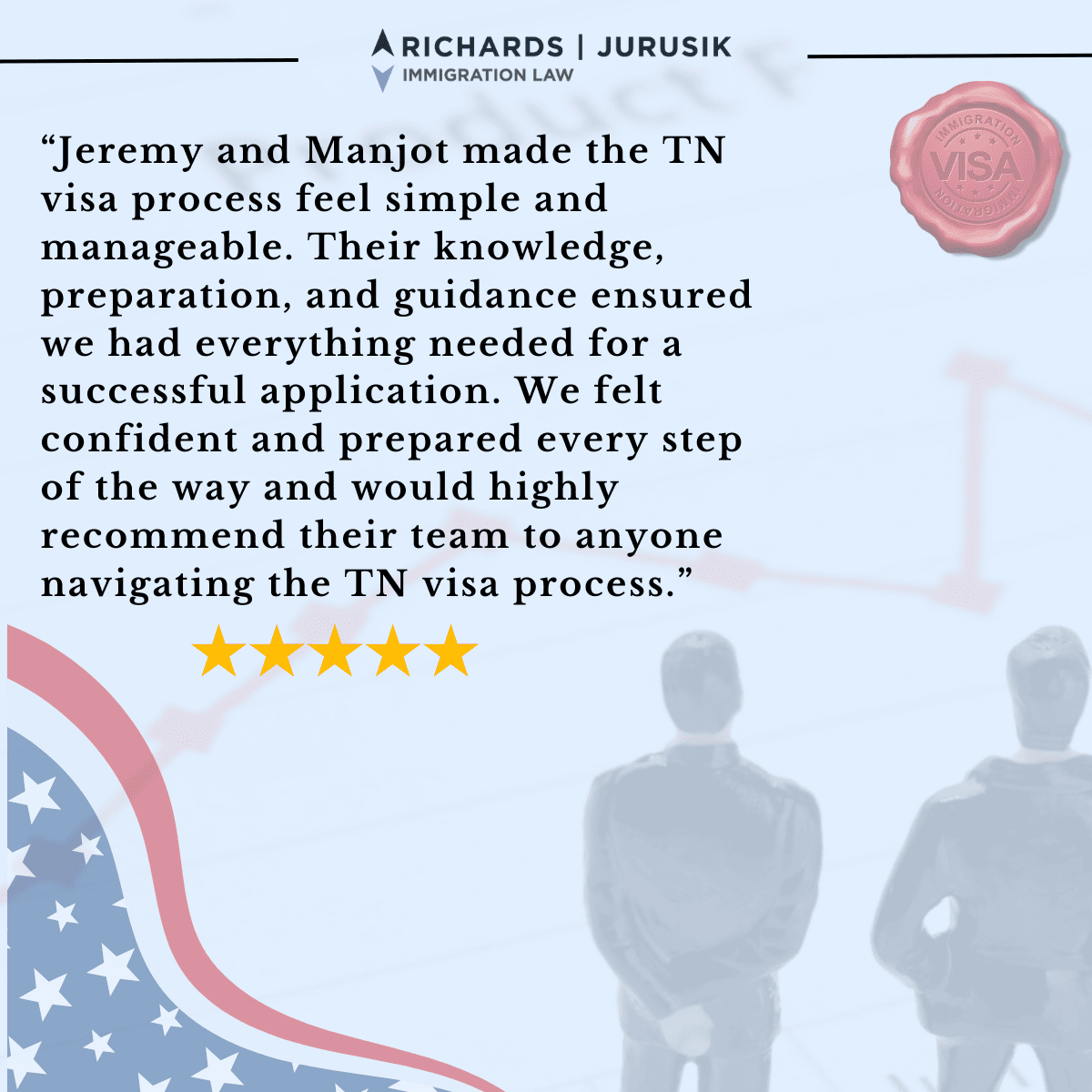Testimonial praising the TN visa process: ‘Jeremy and Manjot made the TN visa process feel simple and manageable… highly recommend their team.’ Five gold stars, company logo at top, pink visa seal on right, and a US-flag motif in the background.