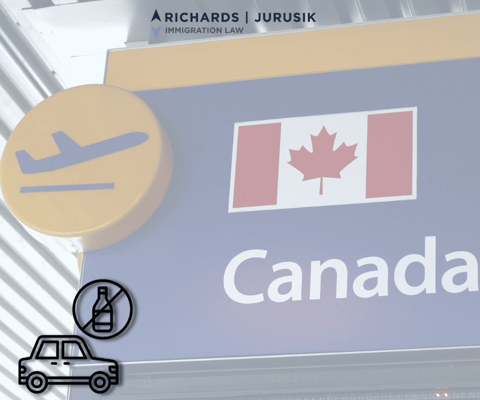 Immigration law banner: logo 'Richards Jurusik' with 'Immigration Law' and a Canadian flag on a purple sign reading 'Canada'.