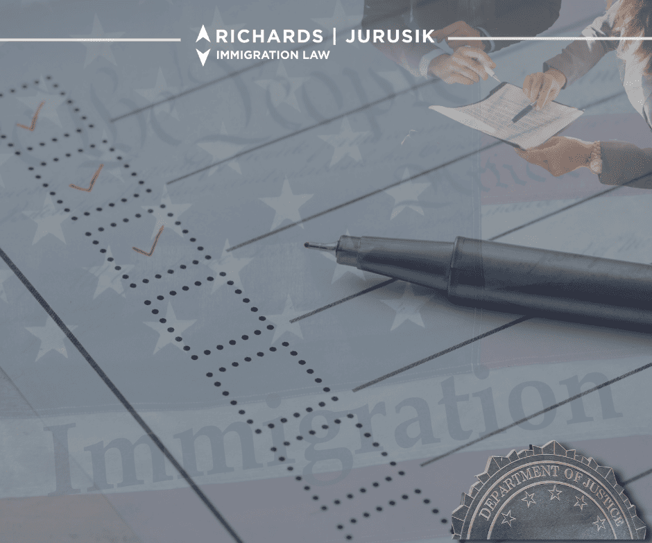 Brand banner for Richards Jurusik Immigration Law showing a pen over an immigration form with checklist boxes and a Department of Justice seal in the background.